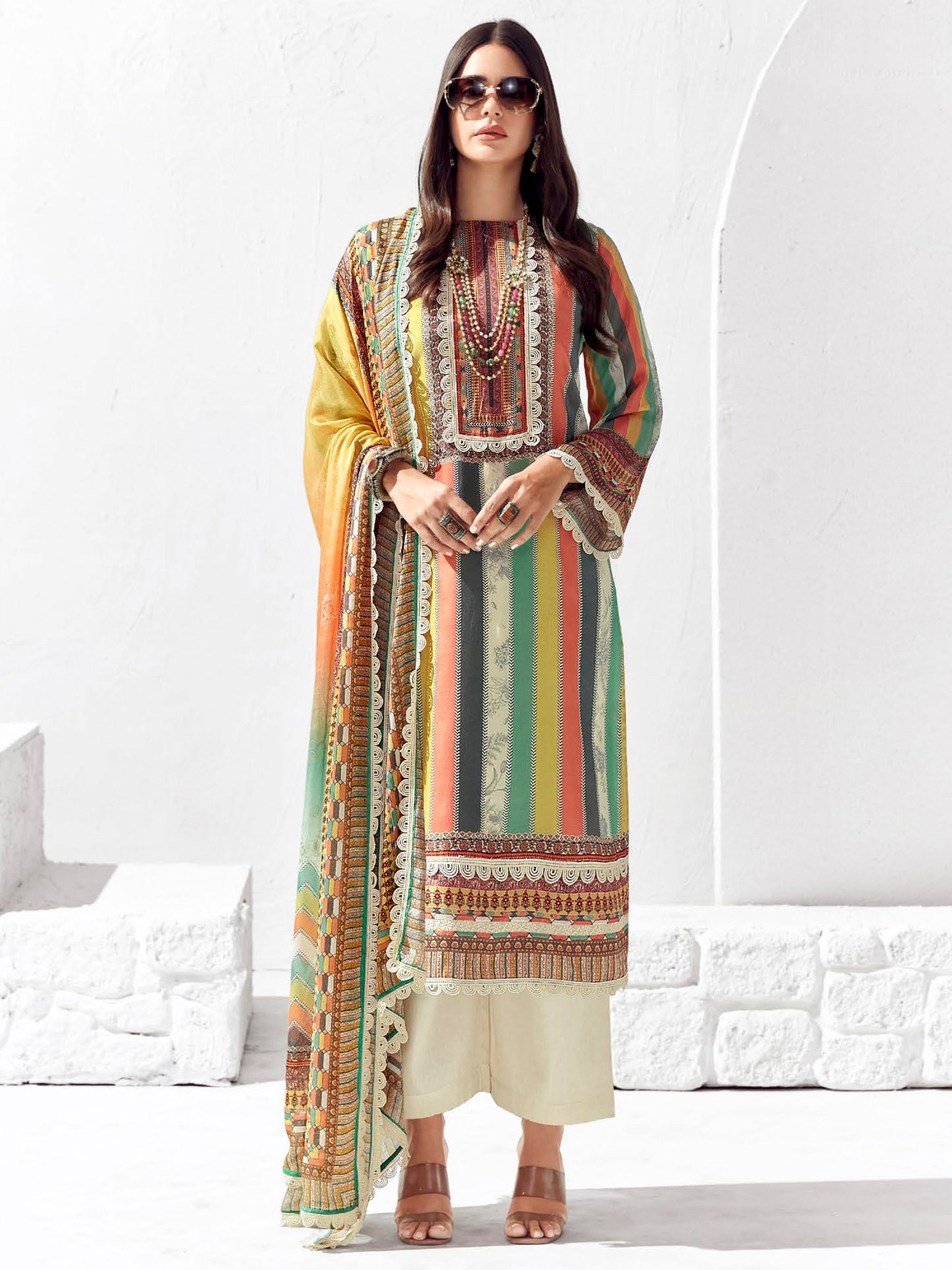 Multi Striped Printed Straight Kurta Trousers set