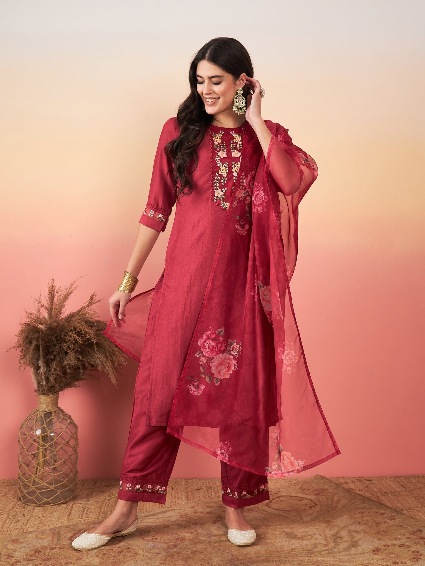 Maroon Floral Embroidered Kurta Set with Trousers & Dupatta