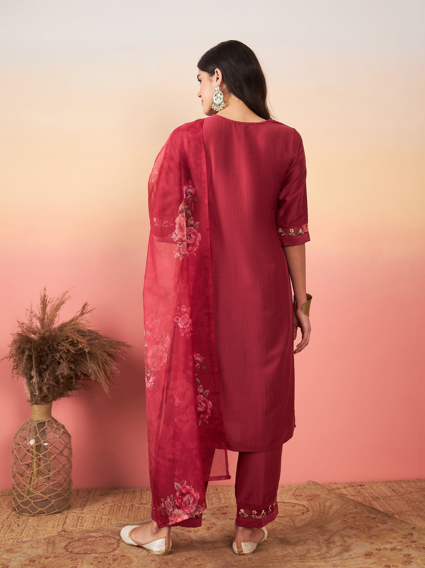 Maroon Floral Embroidered Kurta Set with Trousers & Dupatta