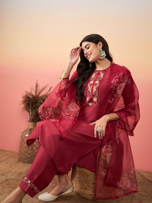 Maroon Floral Embroidered Kurta Set with Trousers & Dupatta