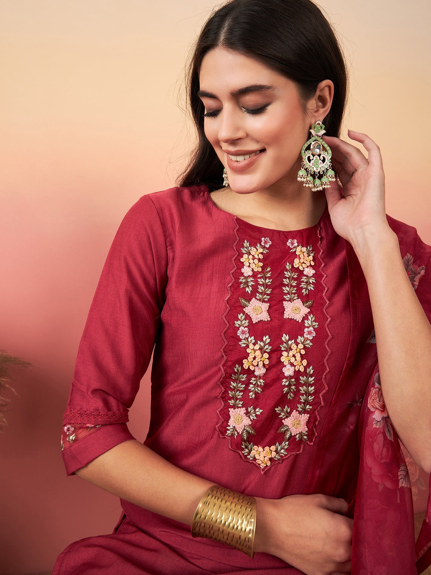 Maroon Floral Embroidered Kurta Set with Trousers & Dupatta