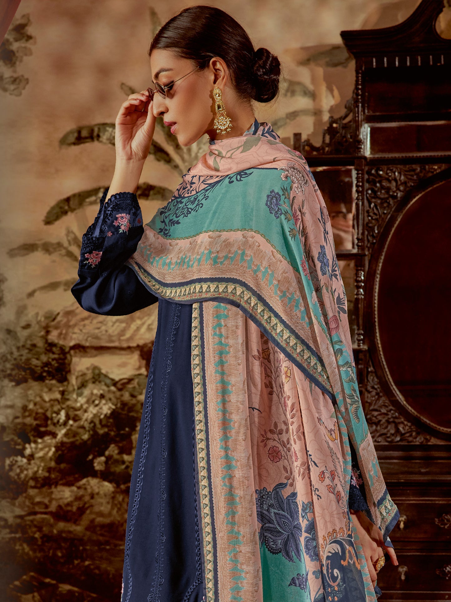 Navy Blue Floral Embroidered Kurta Set With Dupatta