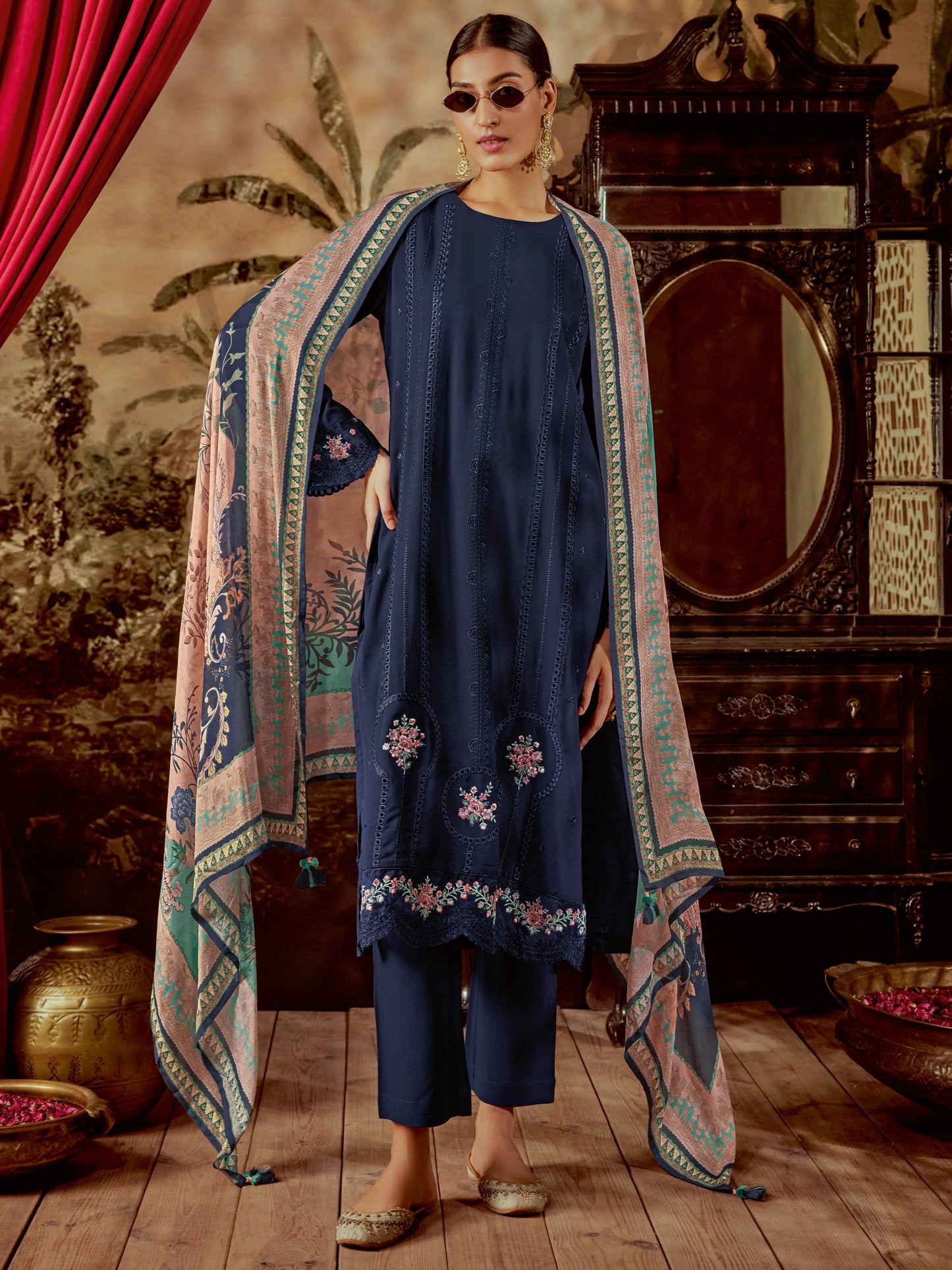 Navy Blue Floral Embroidered Kurta Set With Dupatta