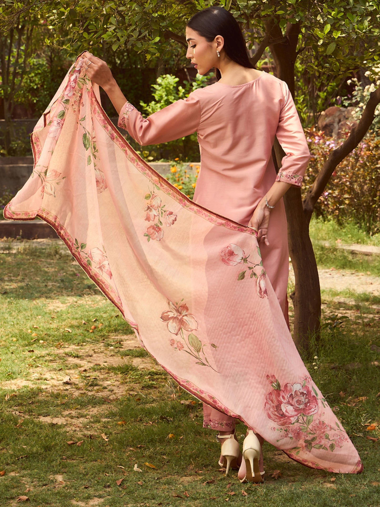 Peach Embroidered Straight Kurta and Trousers Set