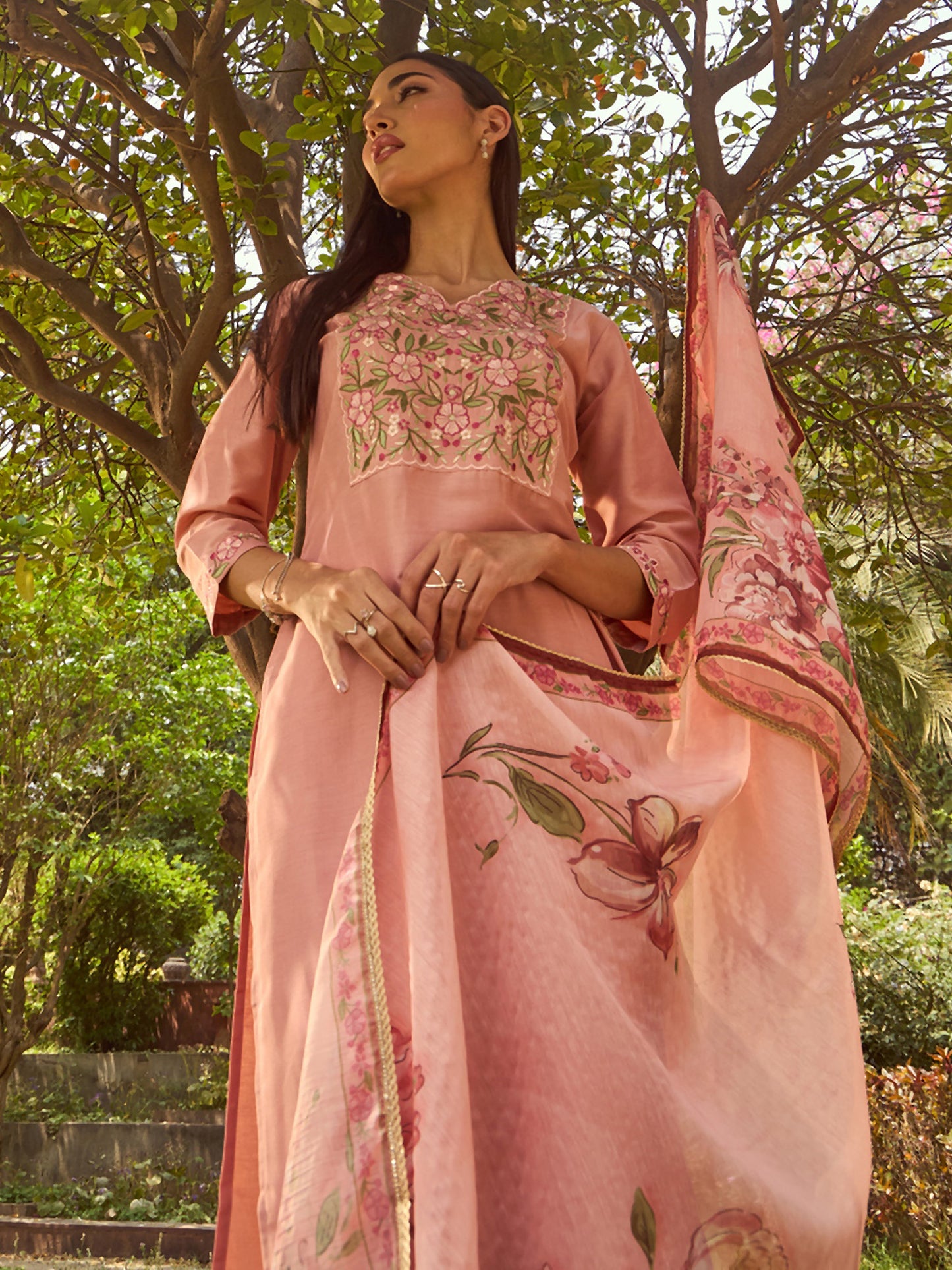 Peach Embroidered Straight Kurta and Trousers Set