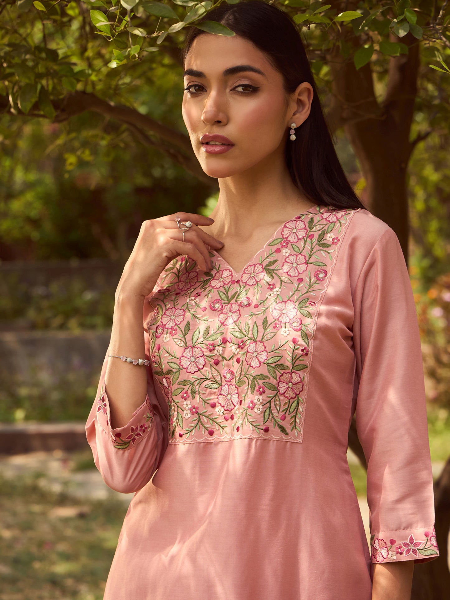 Peach Embroidered Straight Kurta and Trousers Set