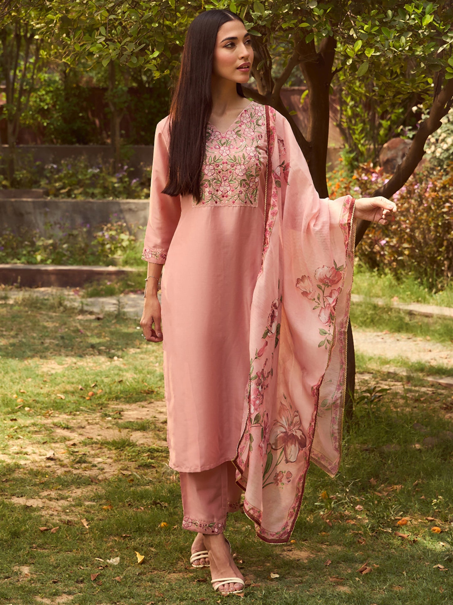 Peach Embroidered Straight Kurta and Trousers Set