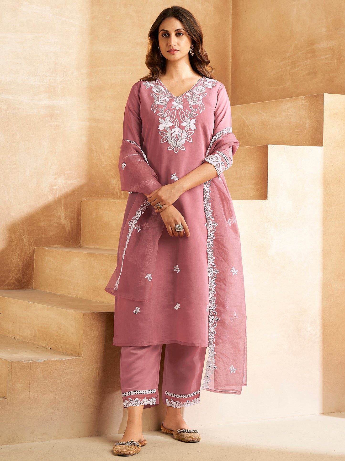 Rust Embroidered Straight Kurta Trousers With Dupatta set