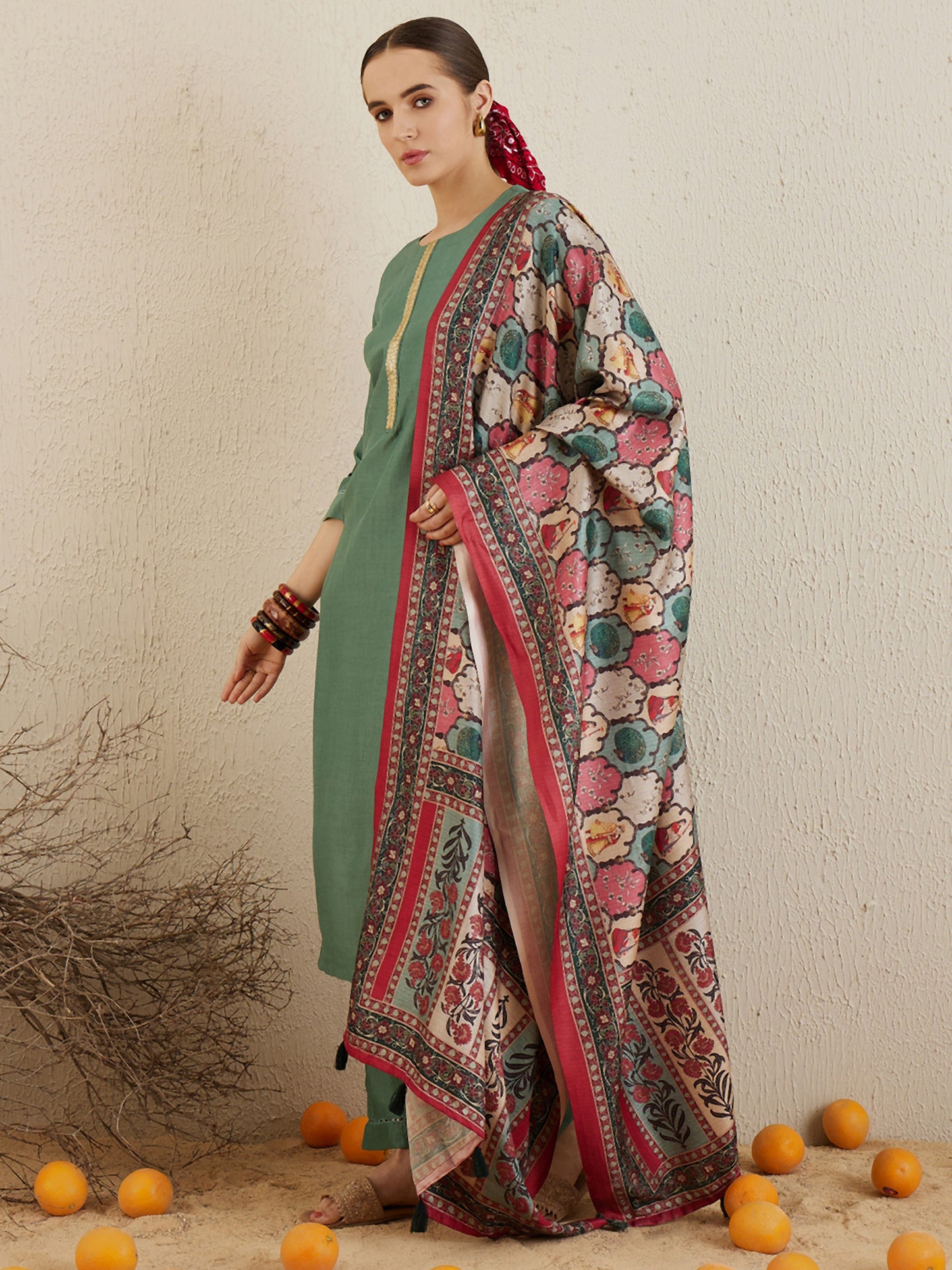 Green Self-Designed Straight Kurta Set with Trousers and Dupatta