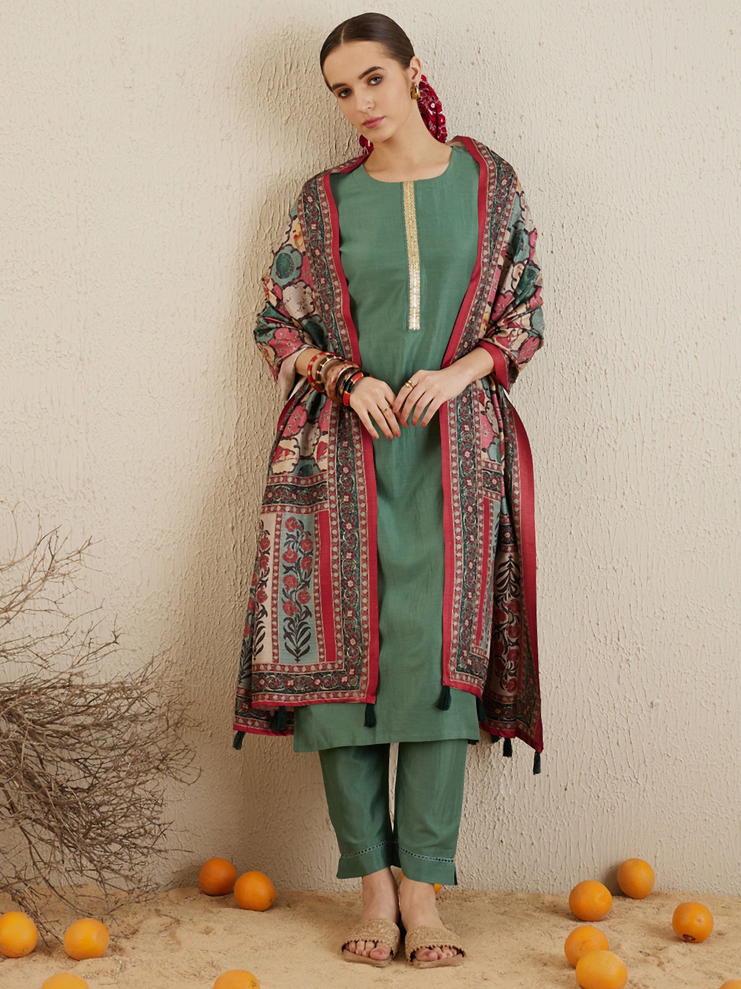 Green Self-Designed Straight Kurta Set with Trousers and Dupatta