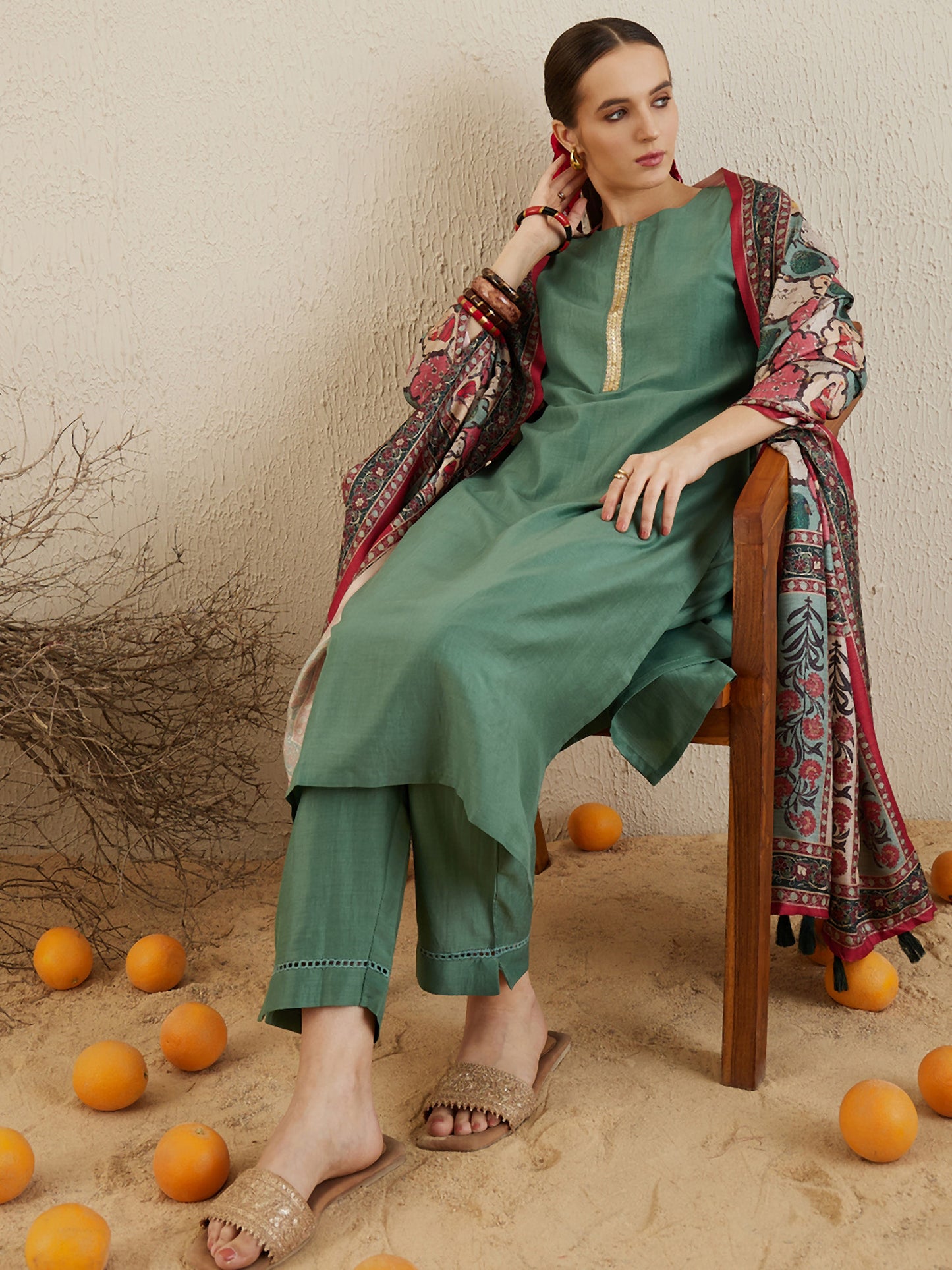 Green Self-Designed Straight Kurta Set with Trousers and Dupatta