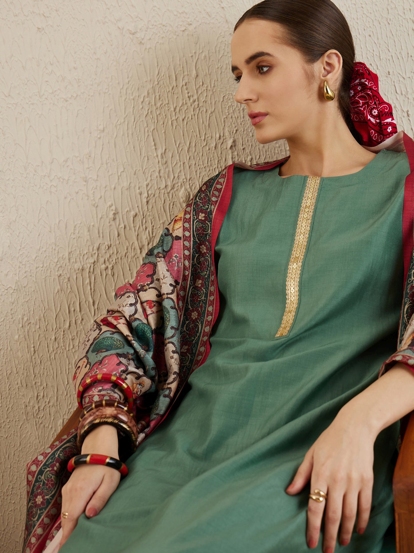 Green Self-Designed Straight Kurta Set with Trousers and Dupatta