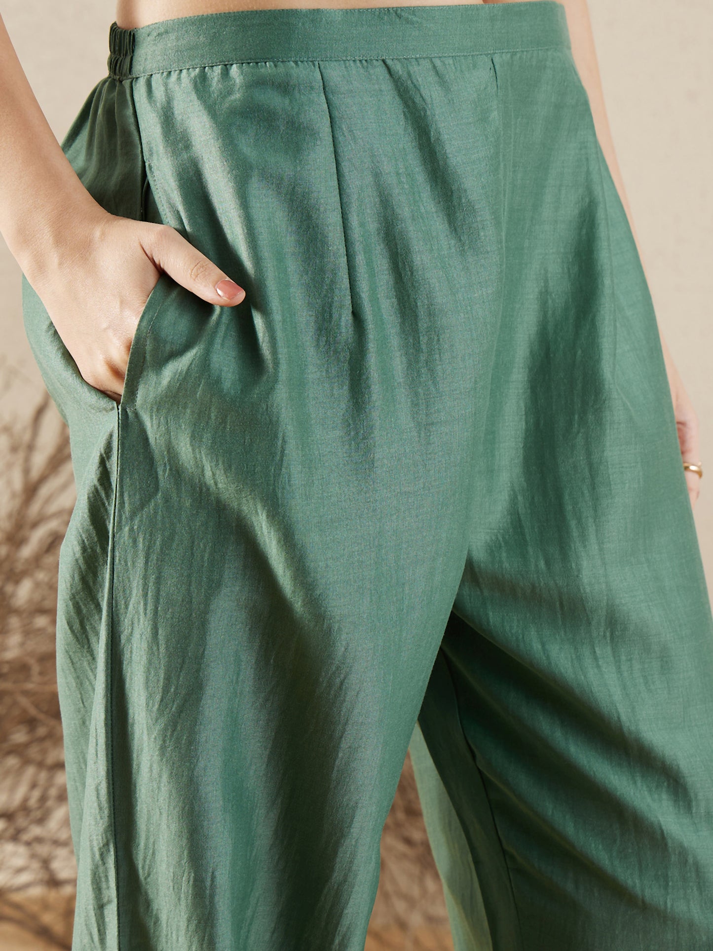 Green Self-Designed Straight Kurta Set with Trousers and Dupatta