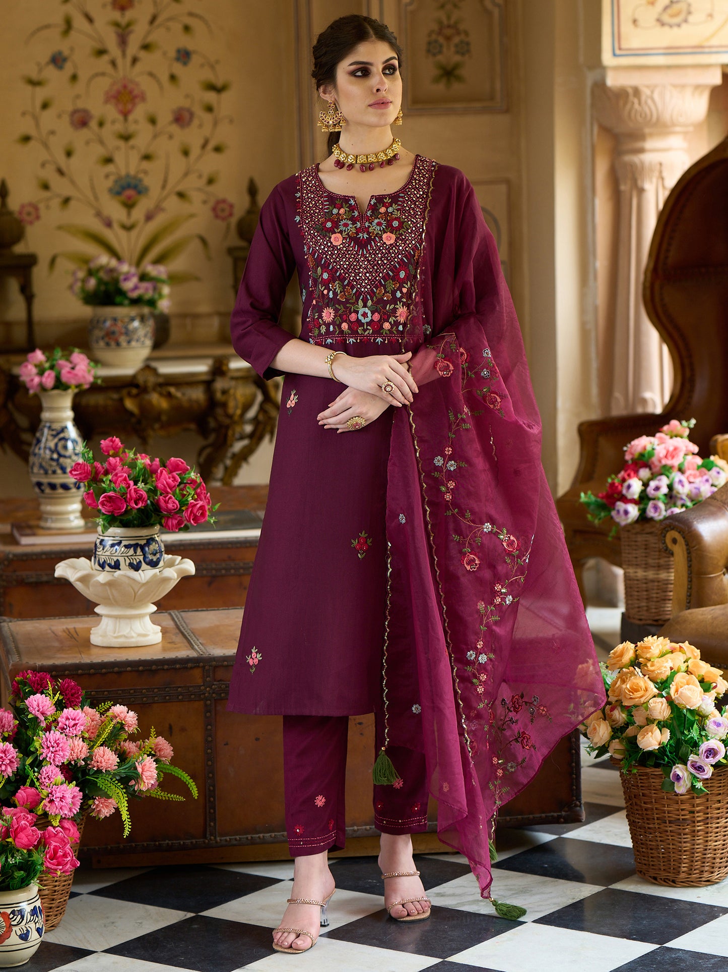 Wine Embroidered Straight Kurta Trousers With Dupatta Set