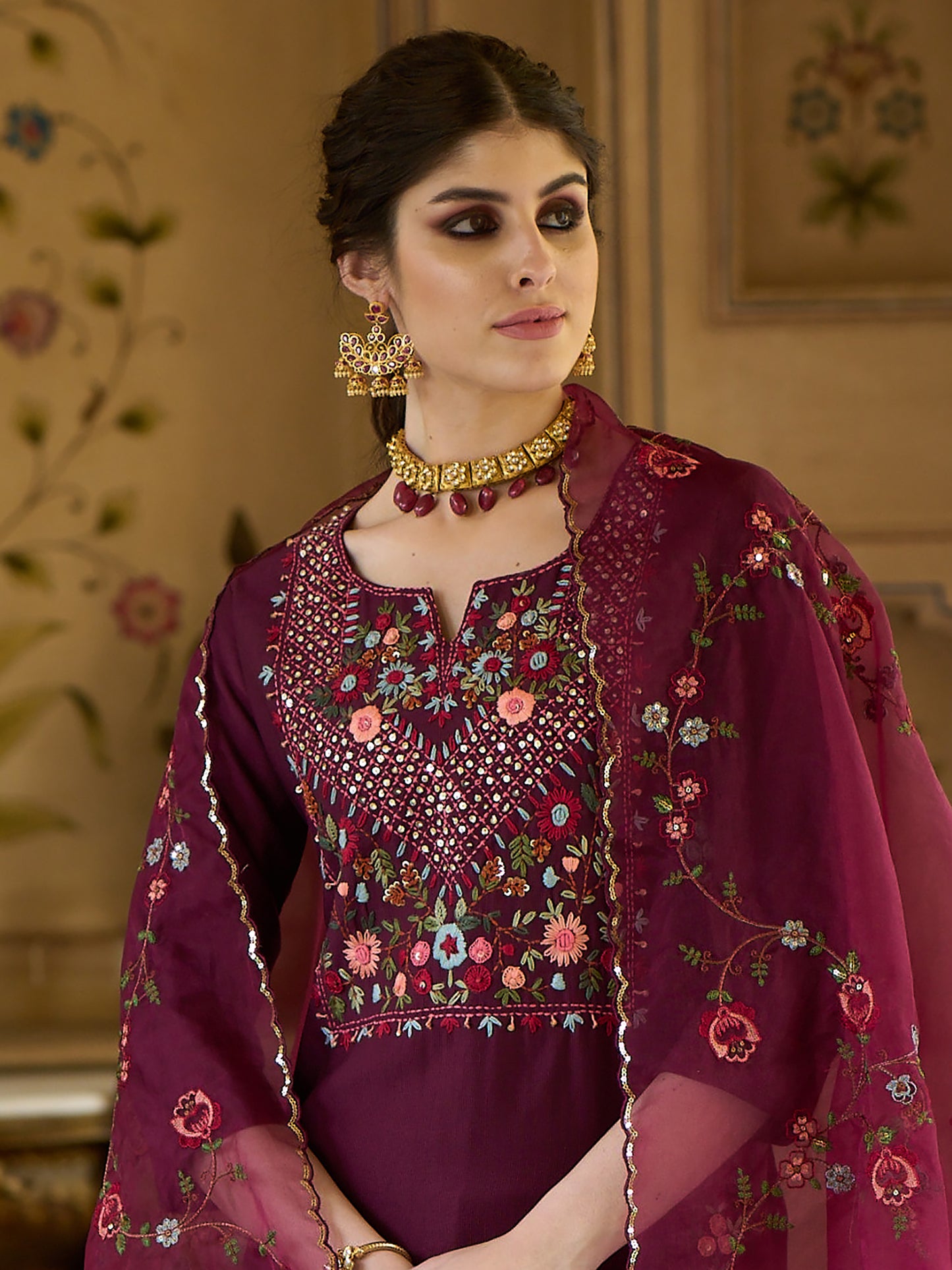 Wine Embroidered Straight Kurta Trousers With Dupatta Set