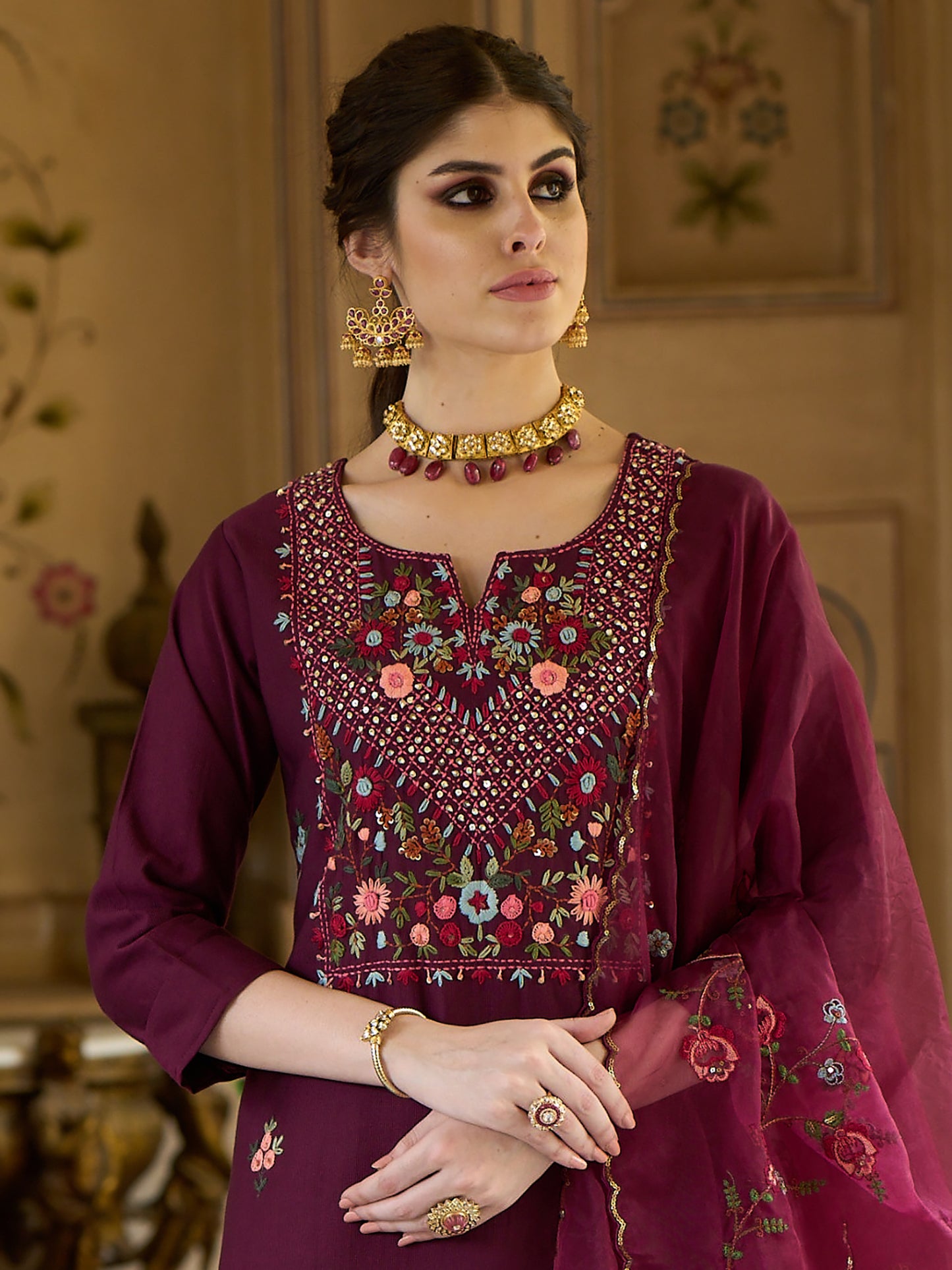 Wine Embroidered Straight Kurta Trousers With Dupatta Set