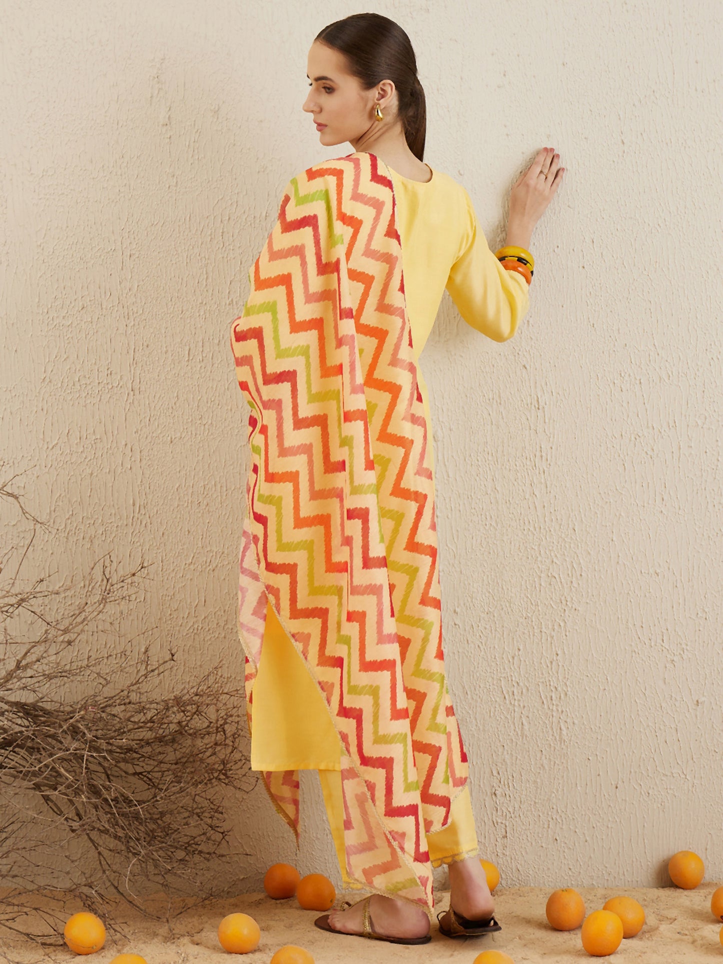 Yellow Embroidered Straight Kurta and Trousers Set with Dupatta