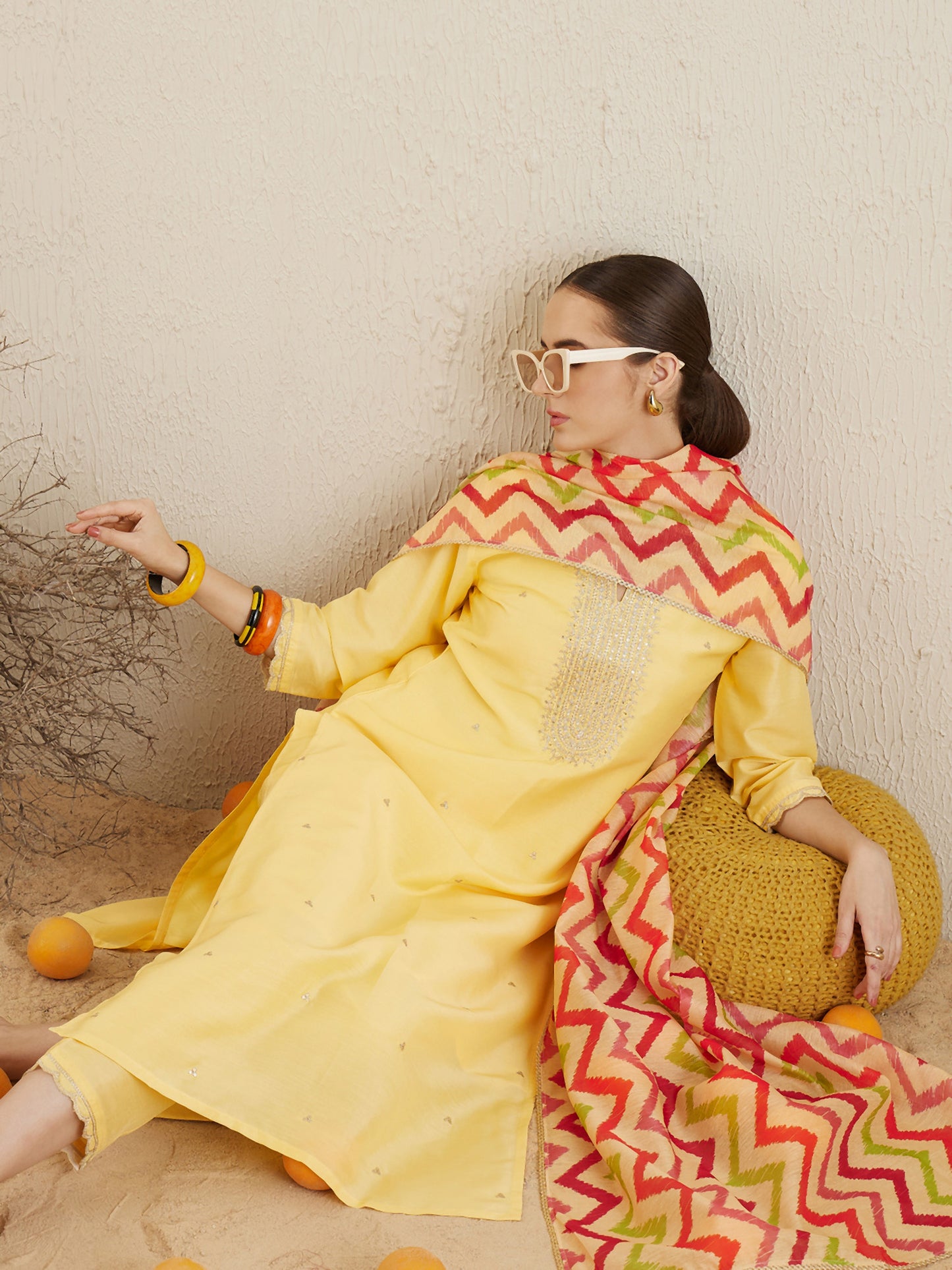 Yellow Embroidered Straight Kurta and Trousers Set with Dupatta