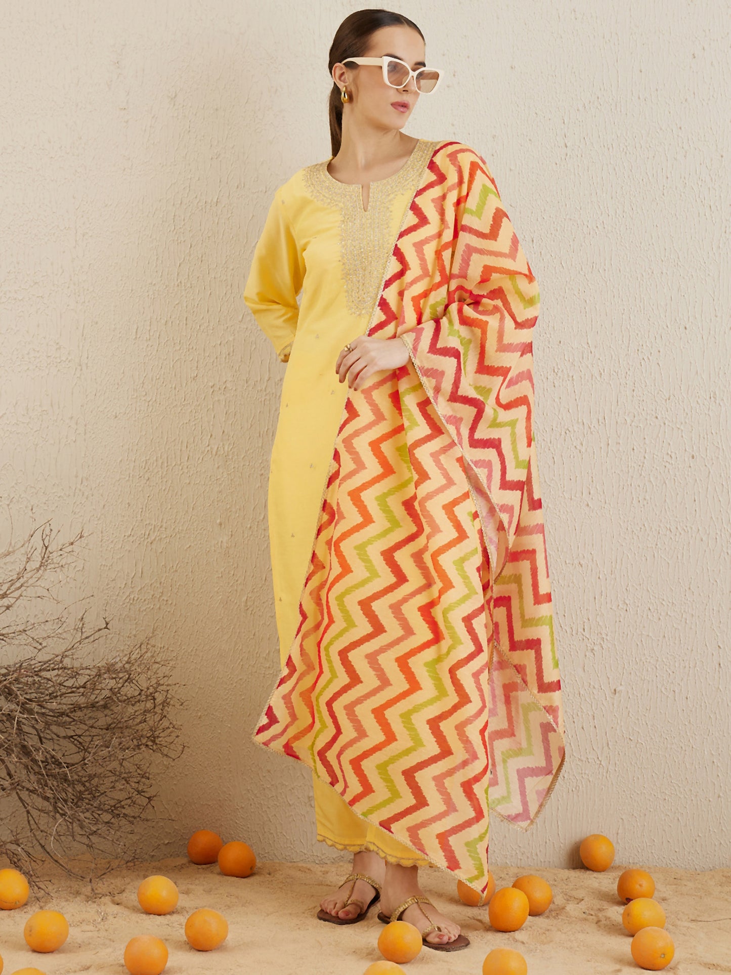 Yellow Embroidered Straight Kurta and Trousers Set with Dupatta