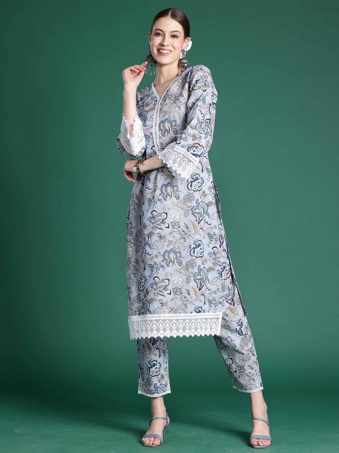 Blue Printed Pure Cotton Ethnic Co-Ords Set