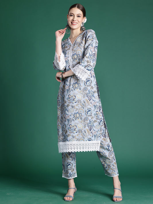 Blue Printed Pure Cotton Ethnic Co-Ords Set