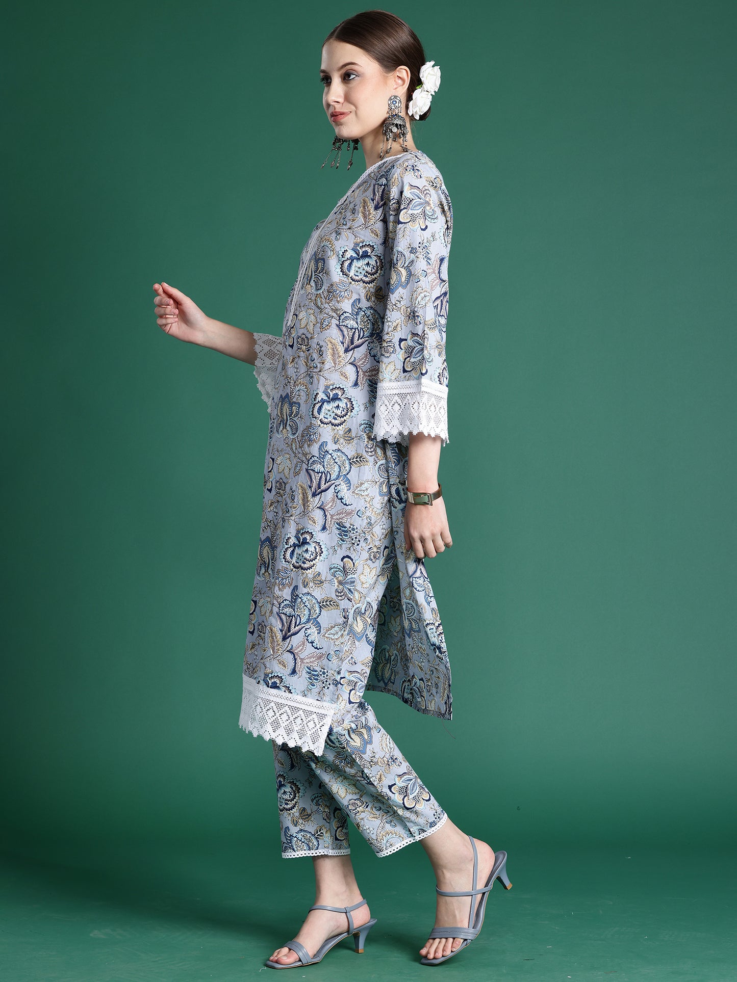 Blue Printed Pure Cotton Ethnic Co-Ords Set