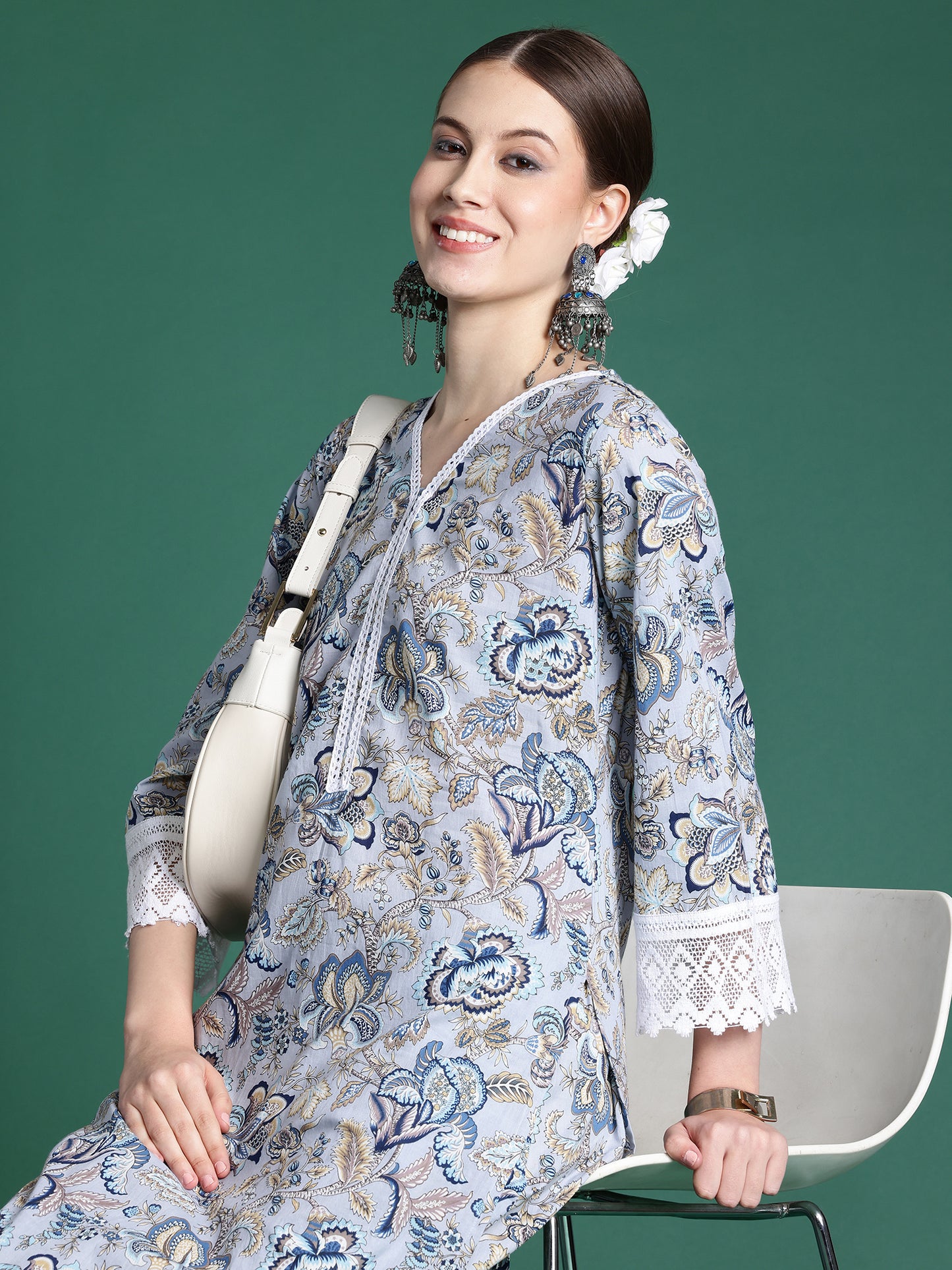 Blue Printed Pure Cotton Ethnic Co-Ords Set