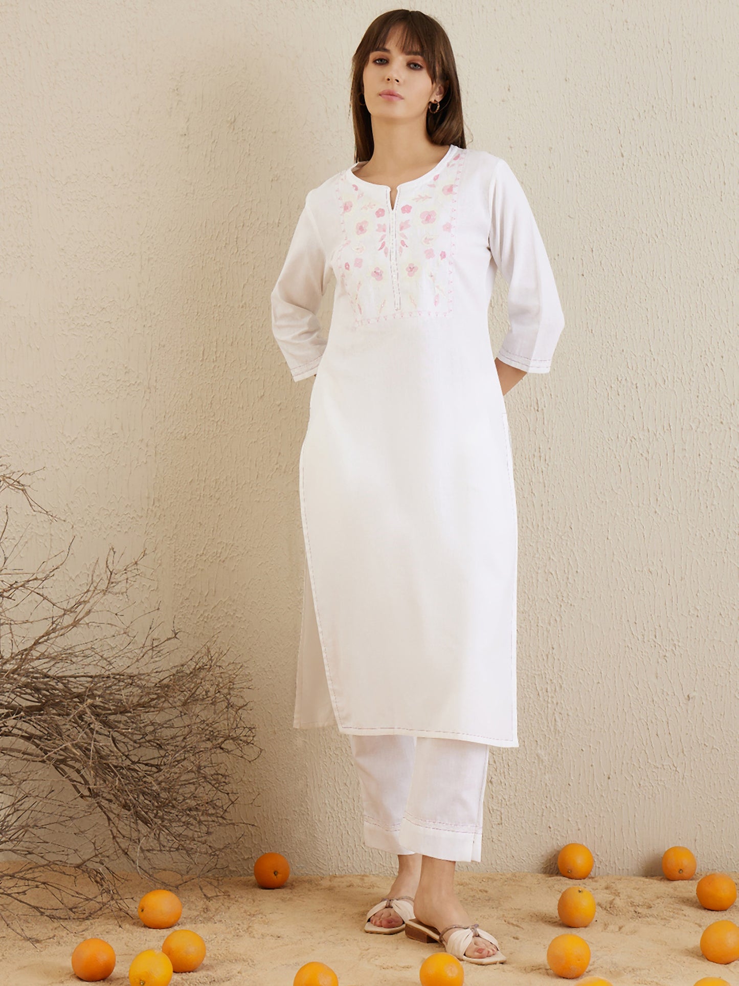 Off-White Embroidered Straight Kurta and Trousers Set