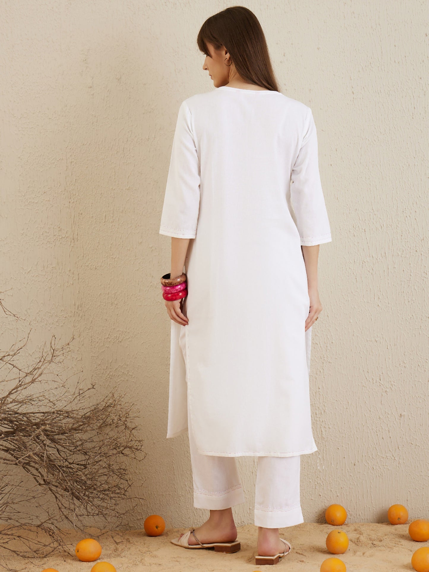 Off-White Embroidered Straight Kurta and Trousers Set