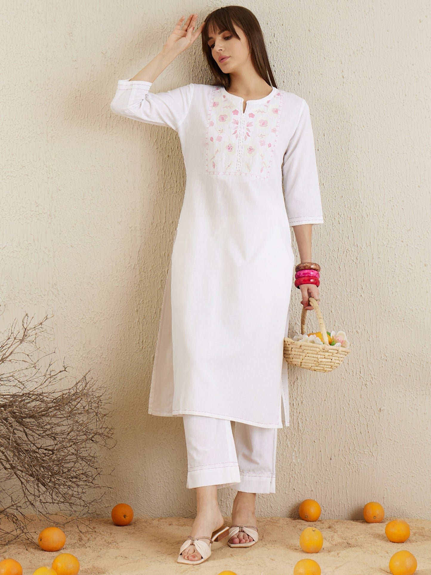 Off-White Embroidered Straight Kurta and Trousers Set