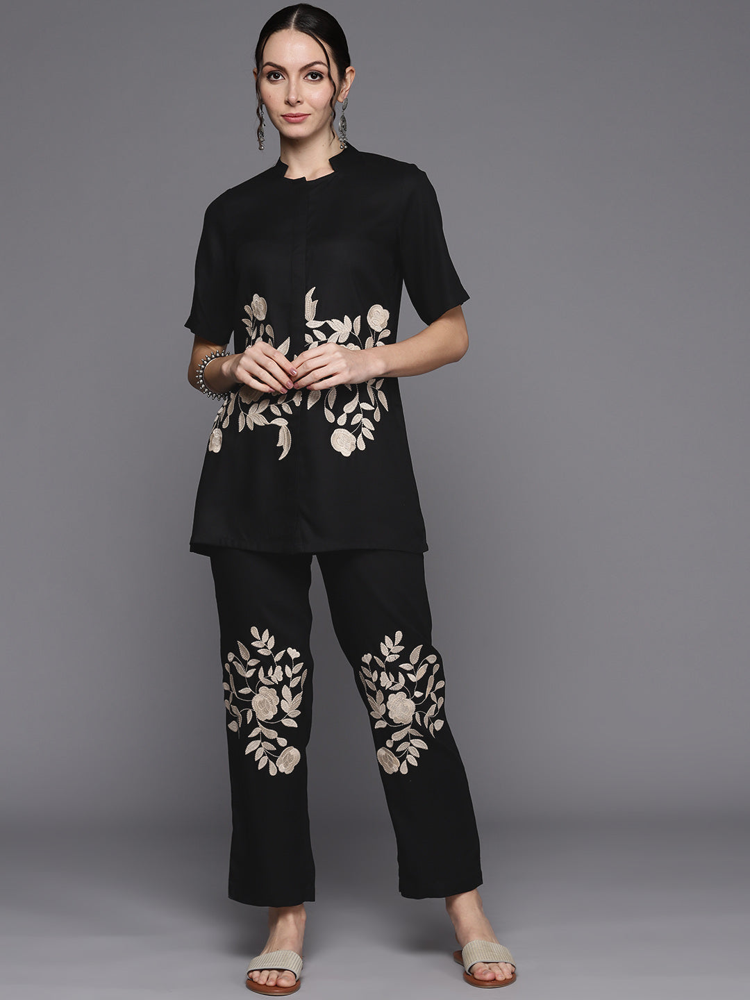 Black Floral Embroidered Co-Ord Set with Delicate Thread Work