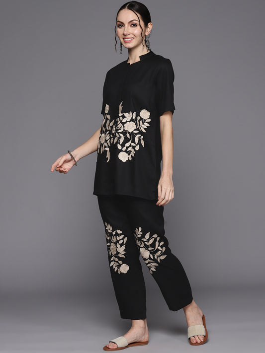 Black Floral Embroidered Co-Ord Set with Delicate Thread Work