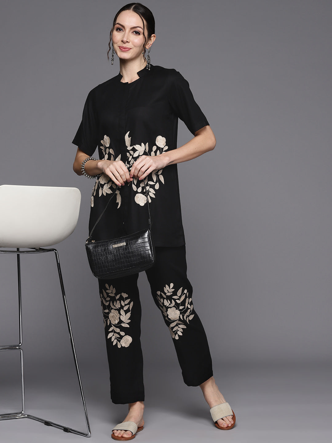 Black Floral Embroidered Co-Ord Set with Delicate Thread Work