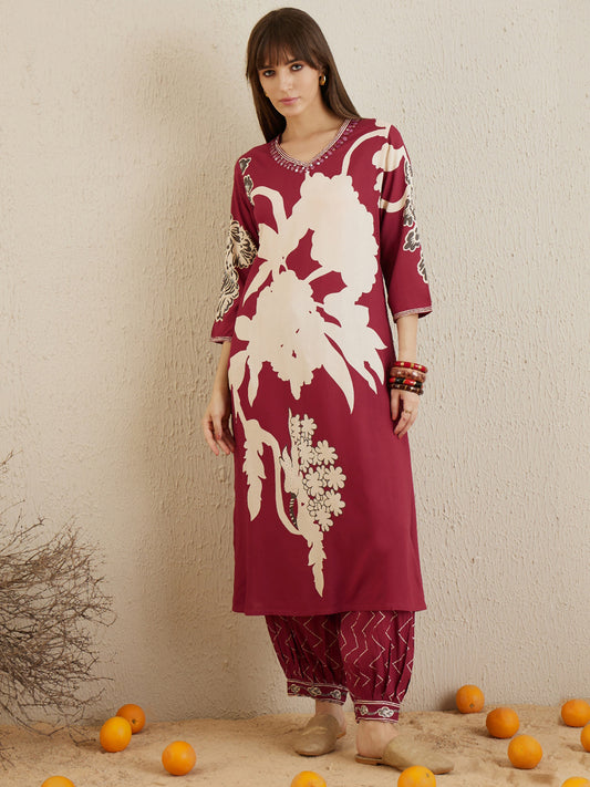 Red Printed A-Line Kurta Salwar set