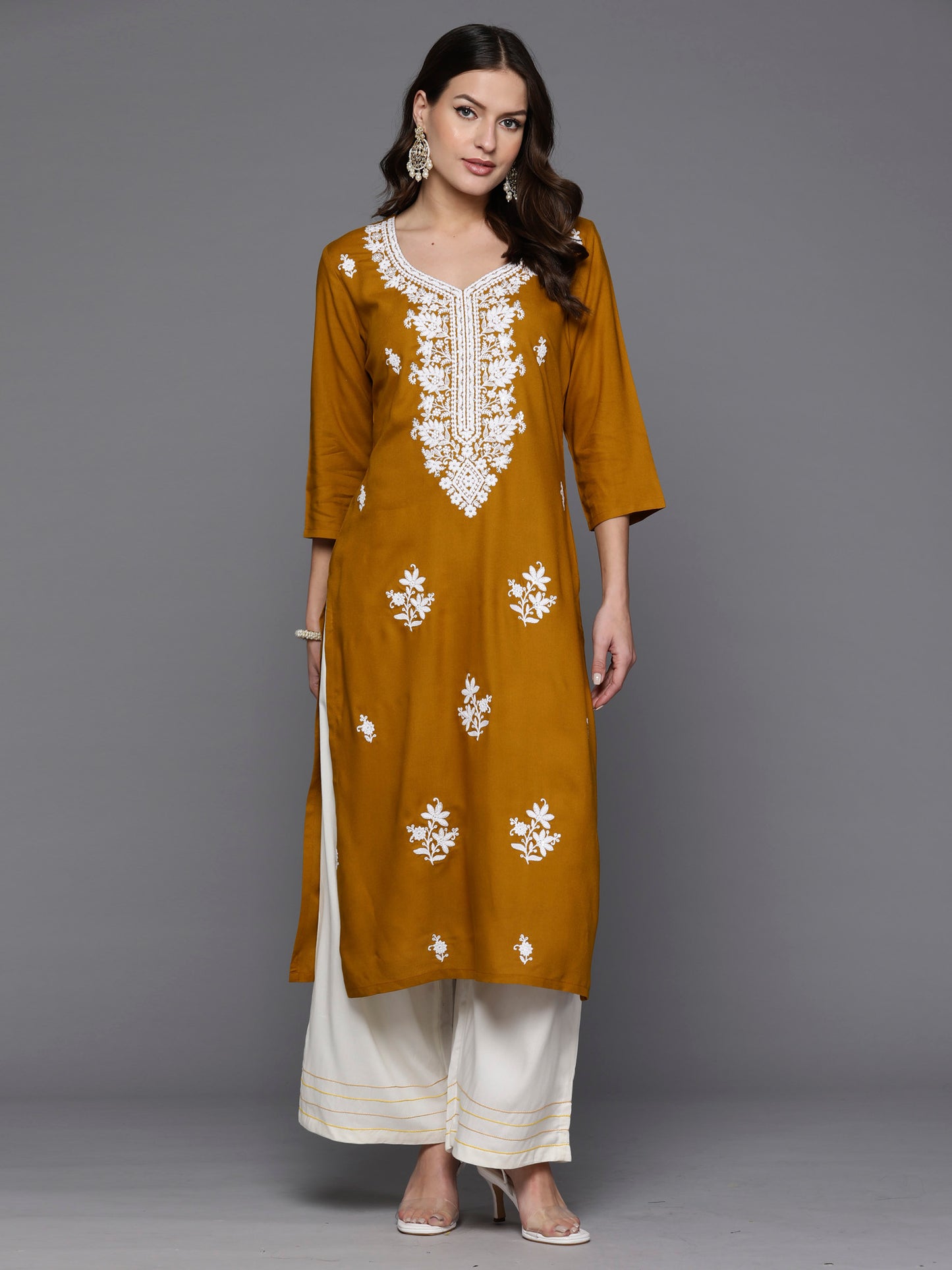 Mustard Floral Embroidered Thread Work Kurta