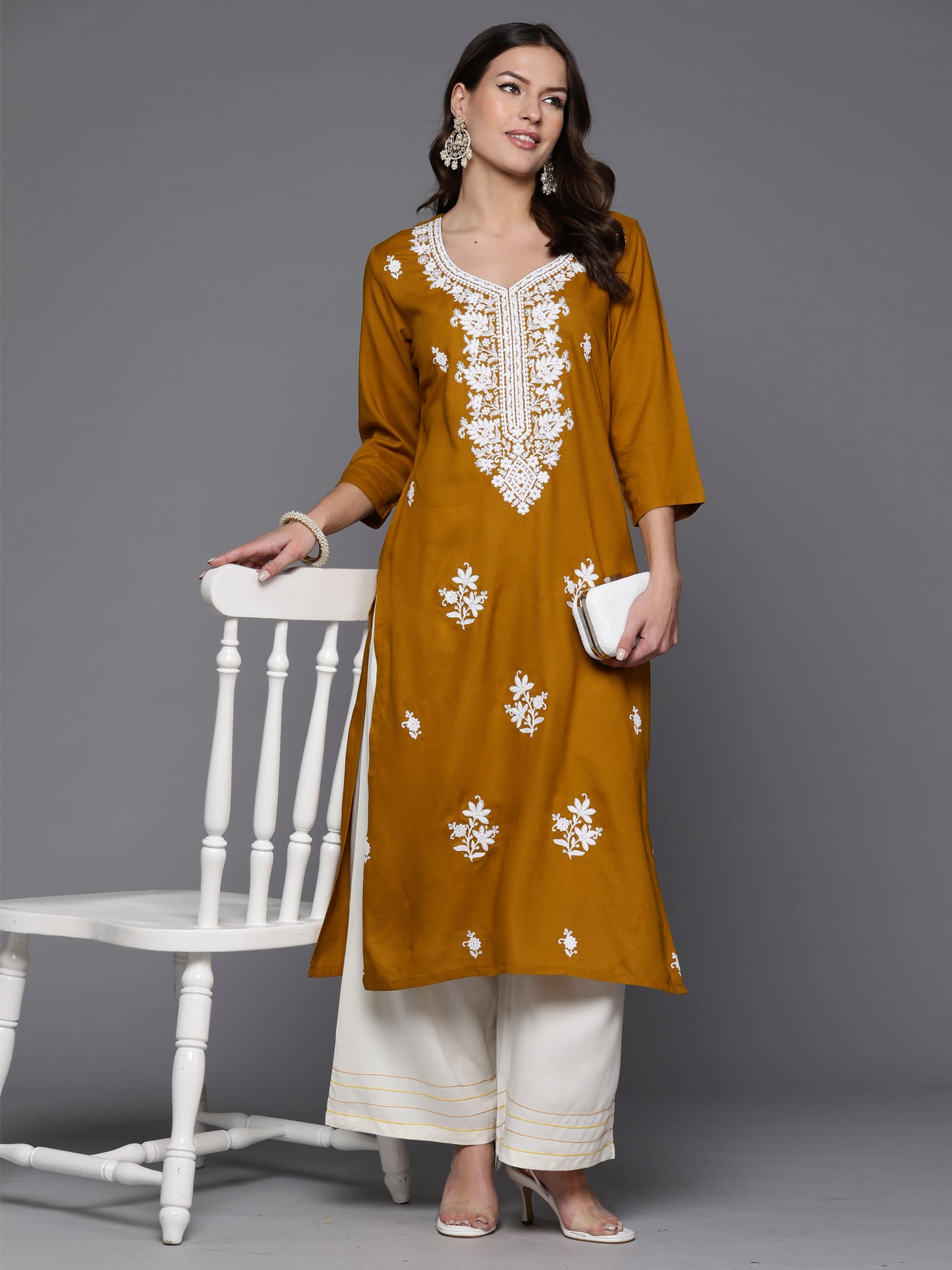 Mustard Floral Embroidered Thread Work Kurta