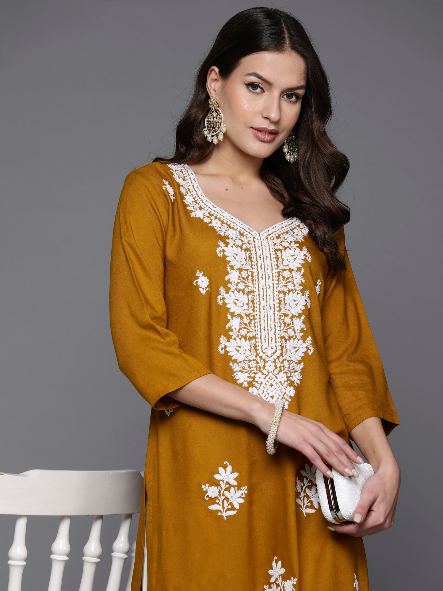 Mustard Floral Embroidered Thread Work Kurta