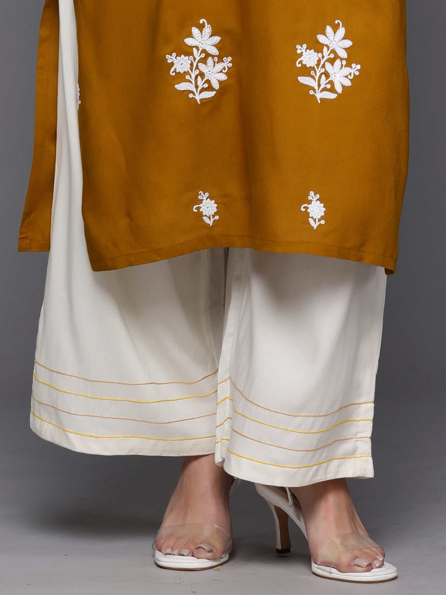 Mustard Floral Embroidered Thread Work Kurta