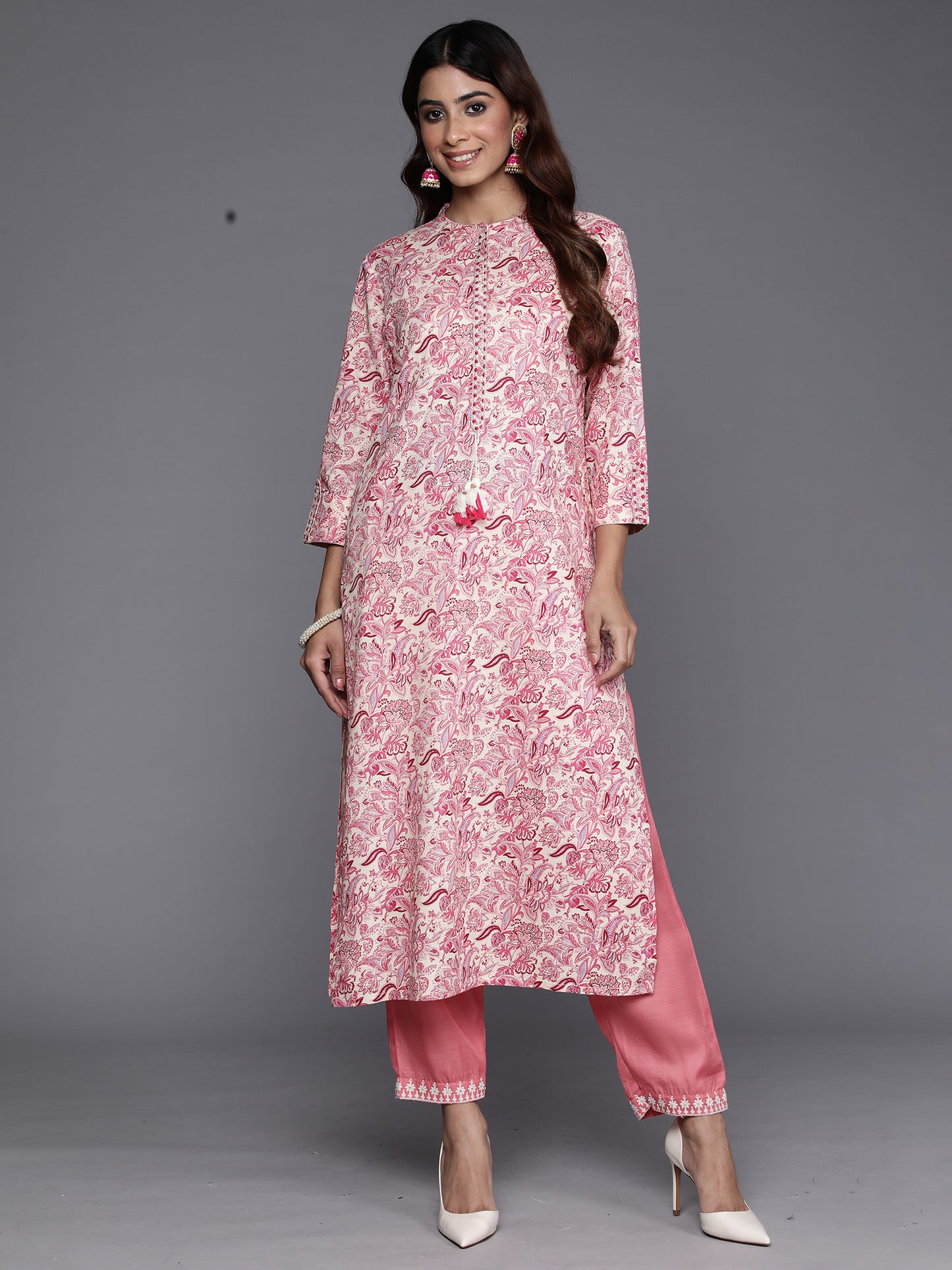 Pink Floral Printed Embroidered Thread Work A-Line Kurta