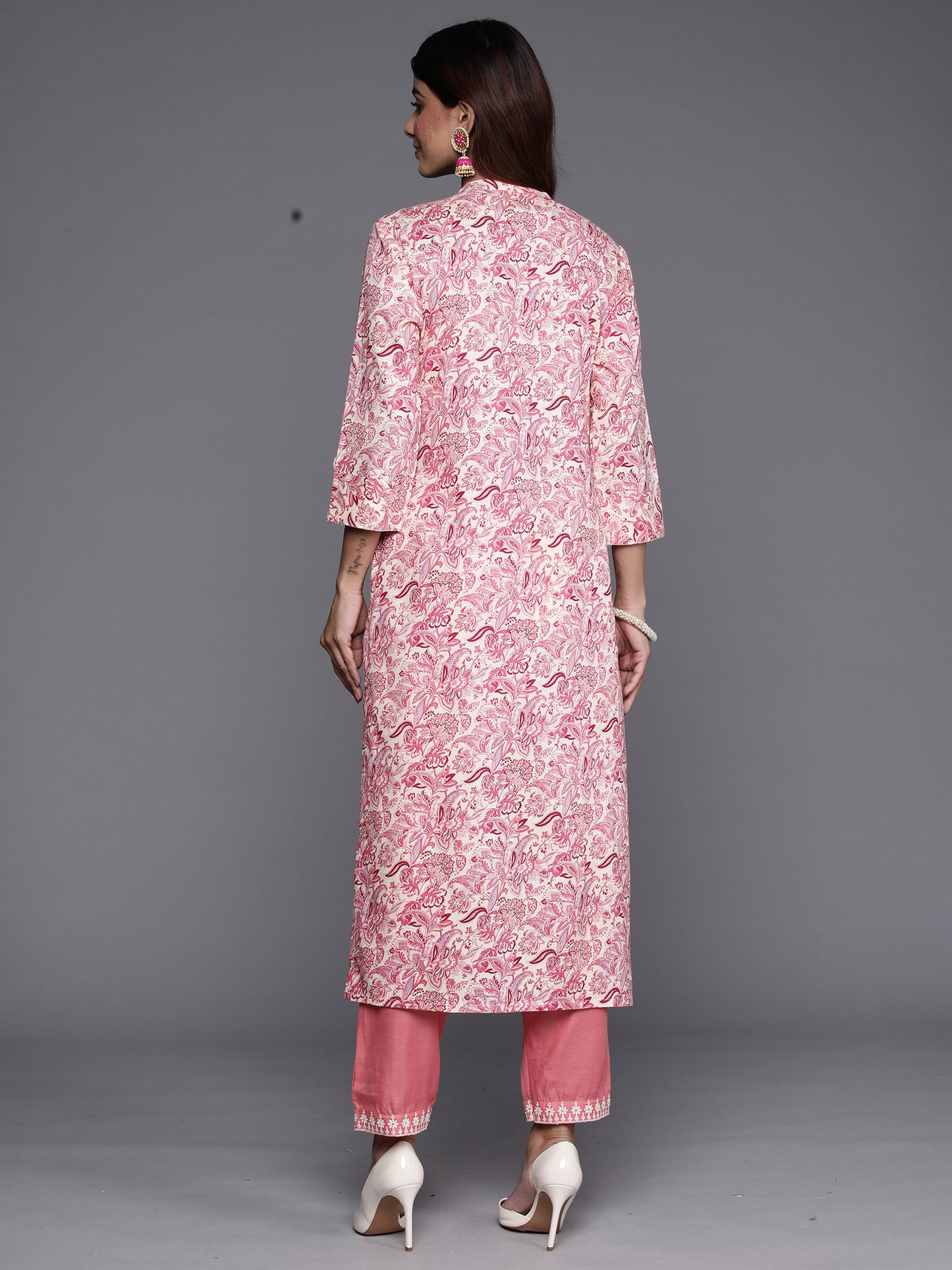 Pink Floral Printed Embroidered Thread Work A-Line Kurta