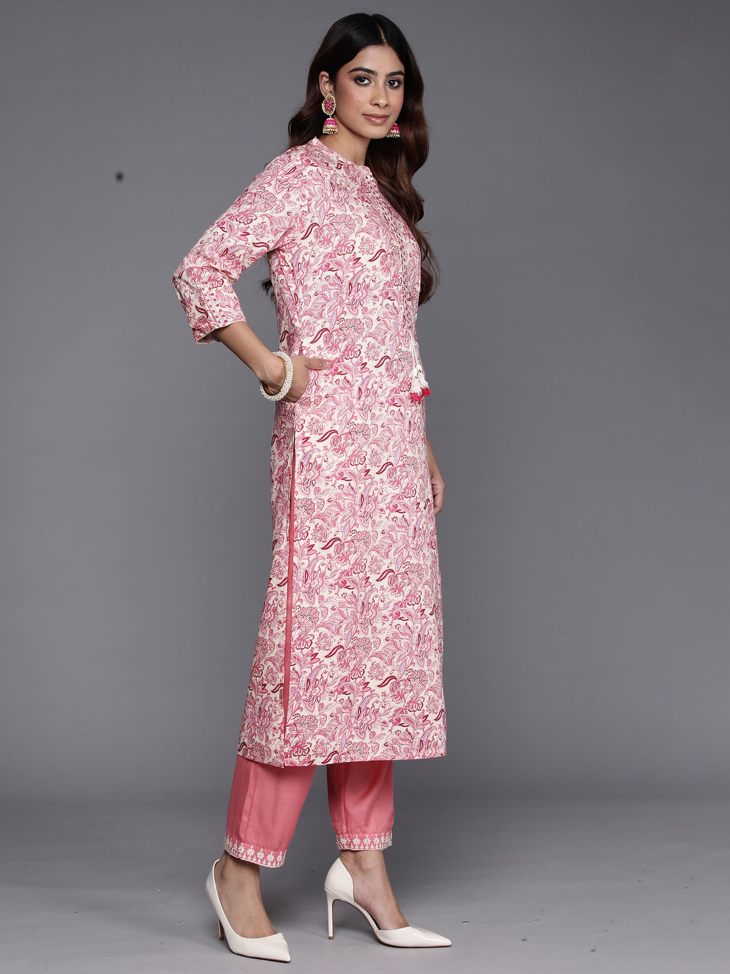 Pink Floral Printed Embroidered Thread Work A-Line Kurta