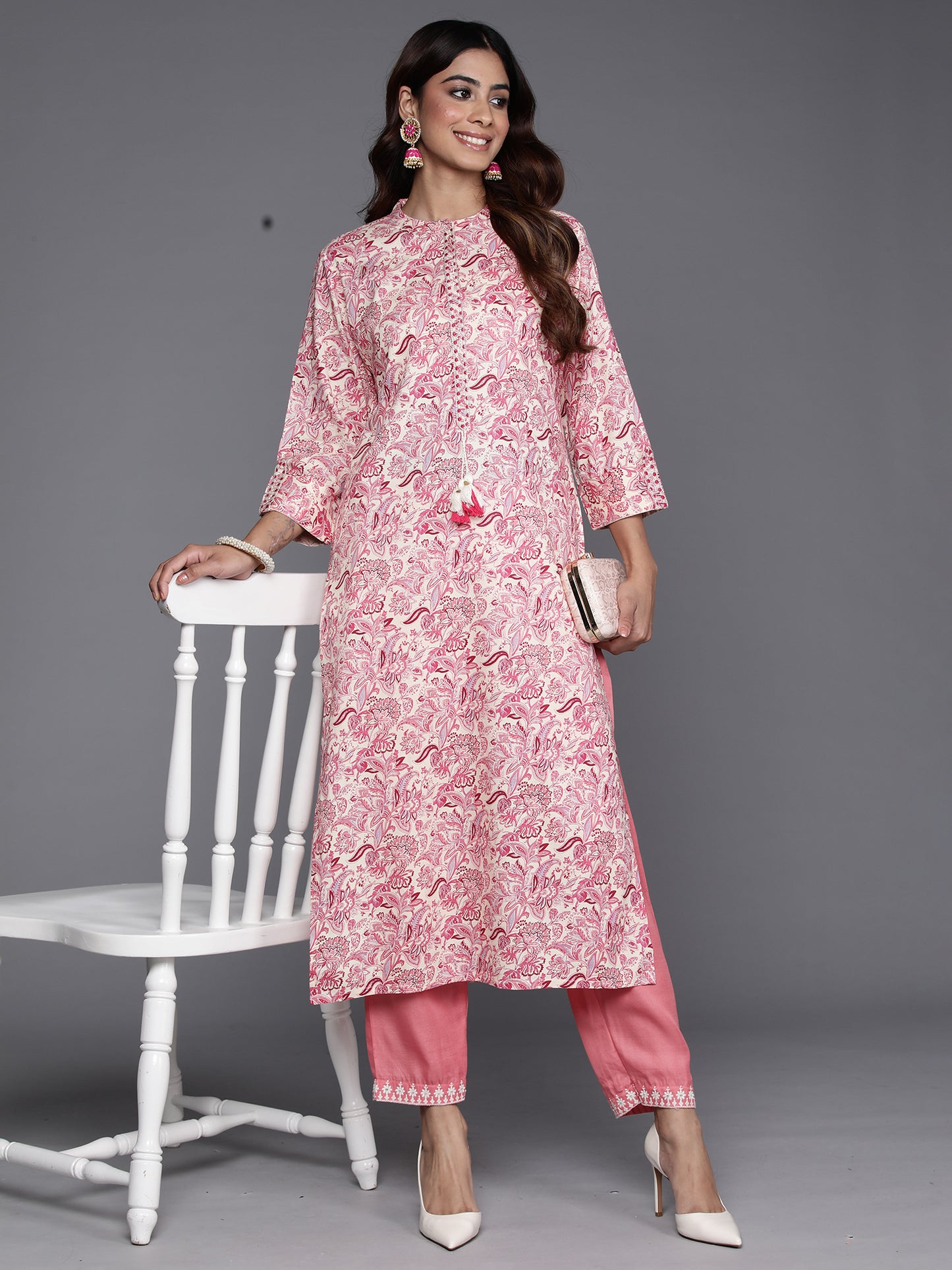 Pink Floral Printed Embroidered Thread Work A-Line Kurta