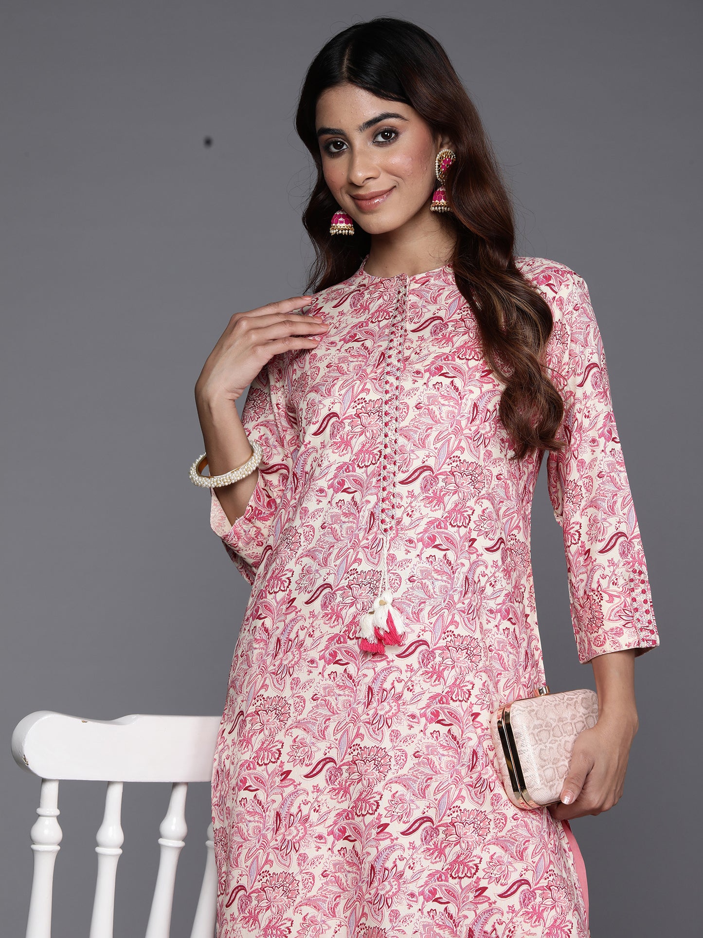 Pink Floral Printed Embroidered Thread Work A-Line Kurta