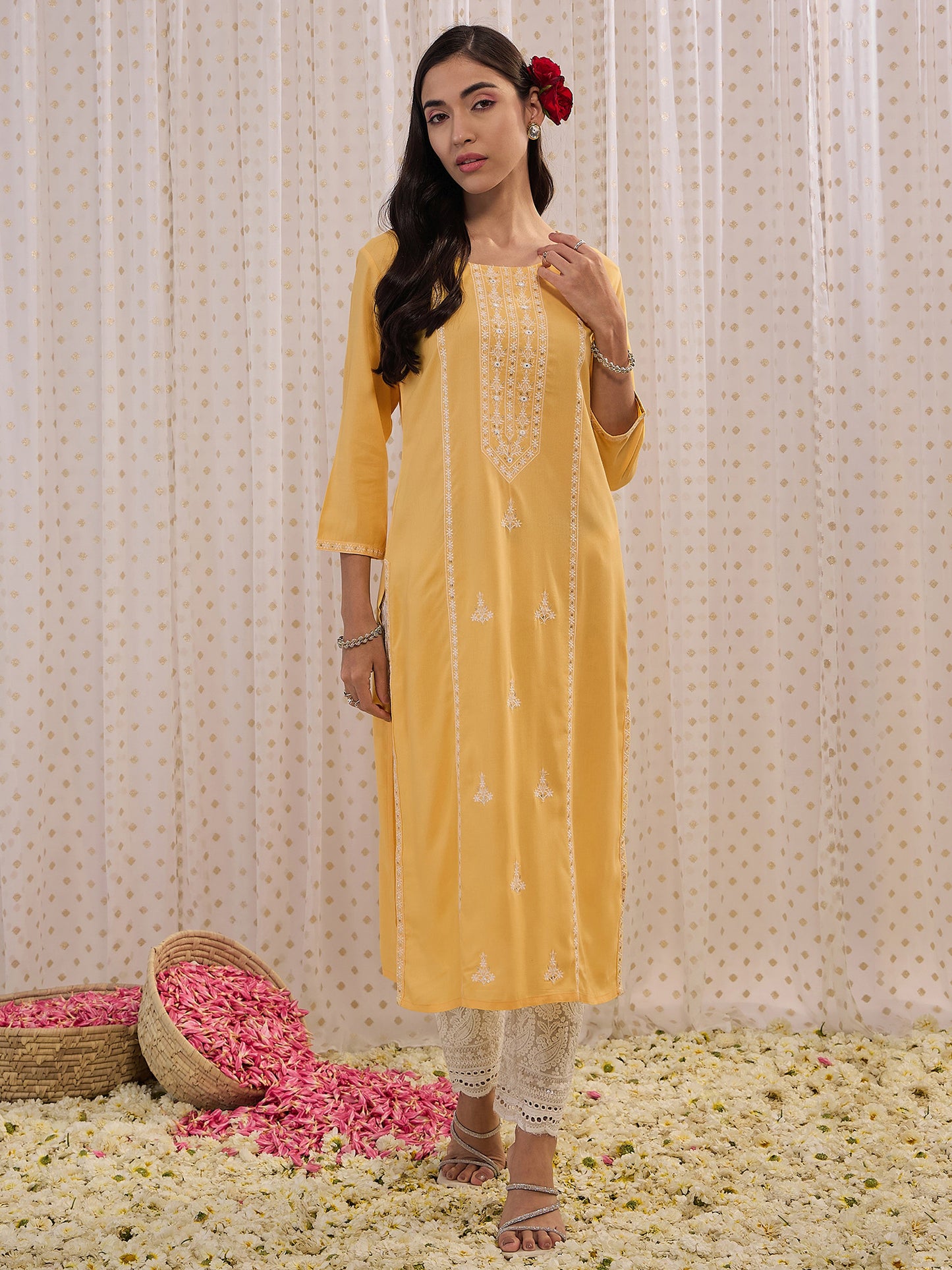 Yellow Floral Embroidered Round Neck Straight Kurta