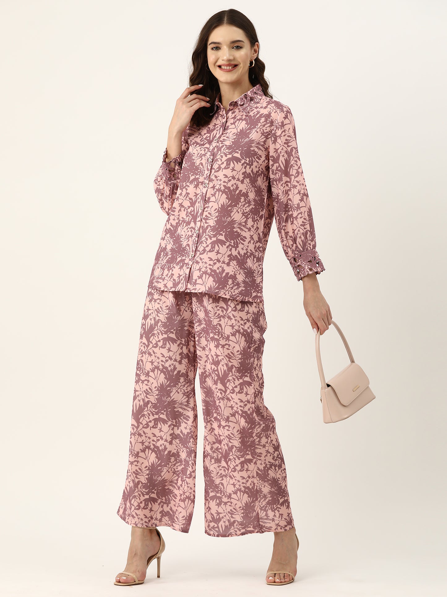 Mauve Printed Shirt With Palazzo Co-Ords