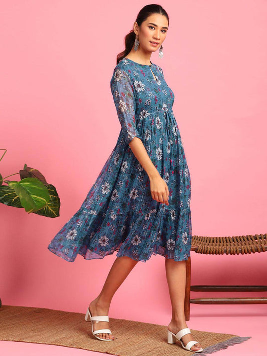 Floral Flared Western Dress in Blue Poly Georgette