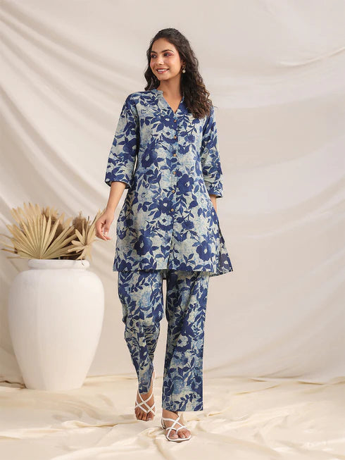 Regular Co-ord Set in Indigo Cotton Floral