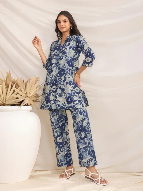 Regular Co-ord Set in Indigo Cotton Floral