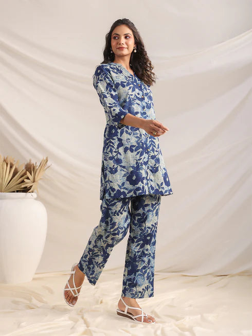 Regular Co-ord Set in Indigo Cotton Floral