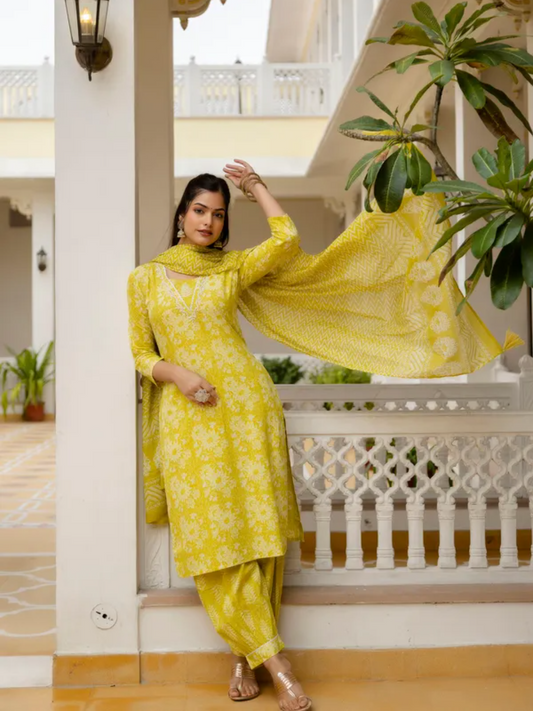 Floral Printed Pure Cotton Kurta with Aari Work, Patiala Pants, and Dupatta